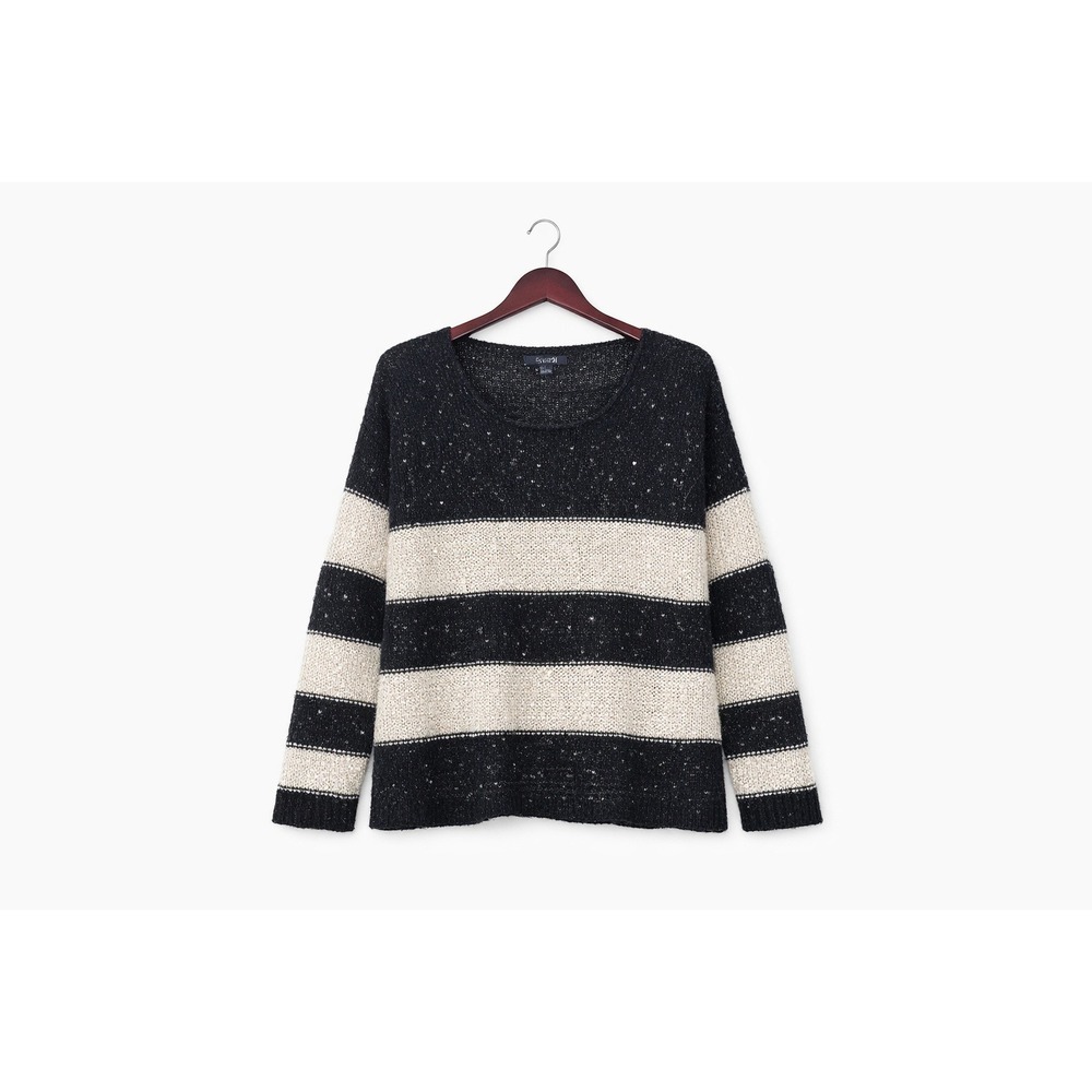 Forever 21 Womens Y2K Striped Sequin Glam Knit Sweater Black Cream Scoop Neck